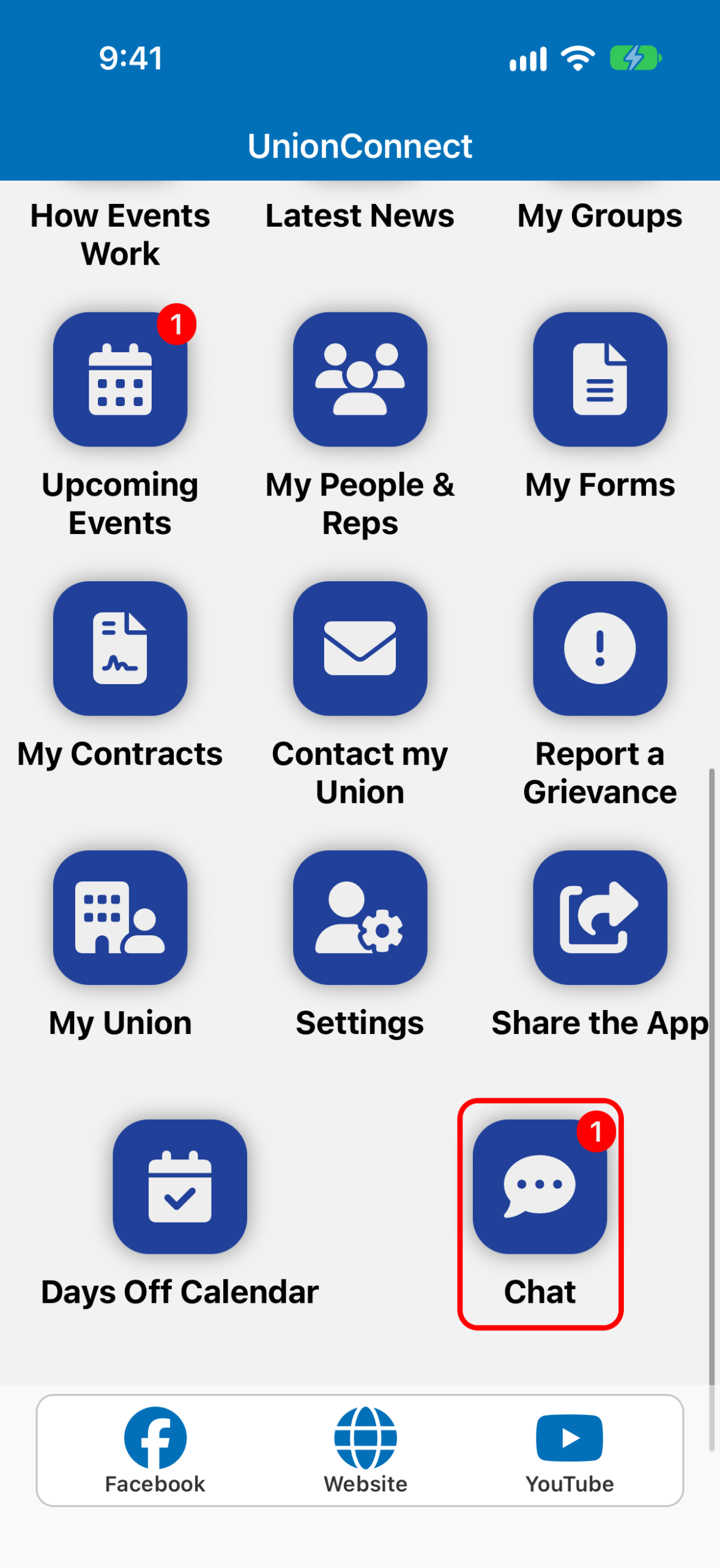 App home screen with the Chat tile highlighted, showing an unread badge