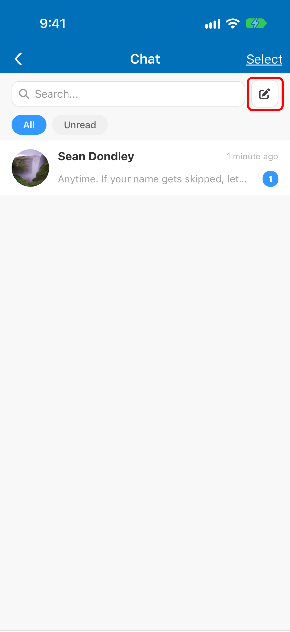 Chat inbox with one conversation and the new-message button highlighted