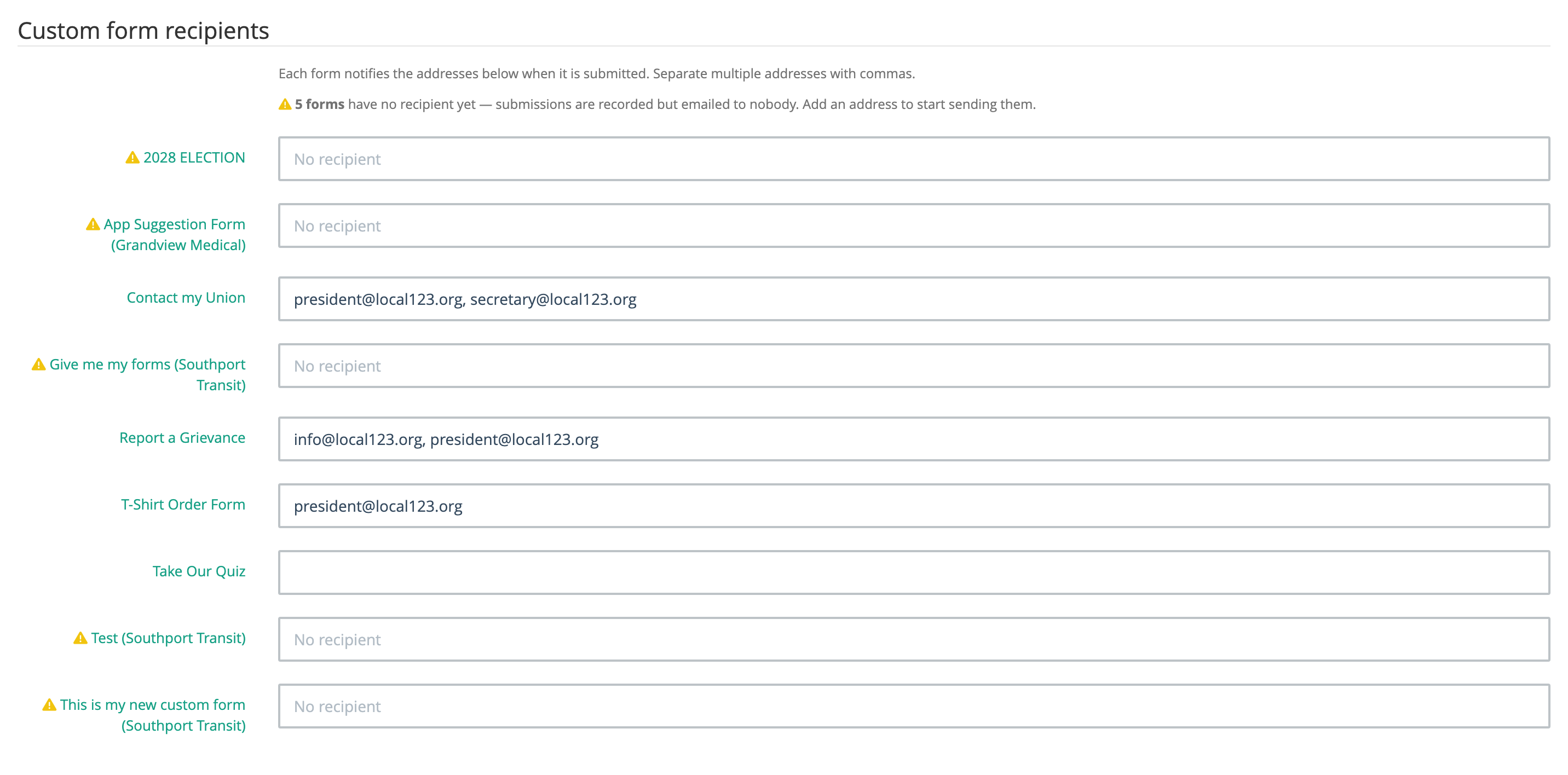 Custom form recipients list, with warning icons next to forms that have no recipient