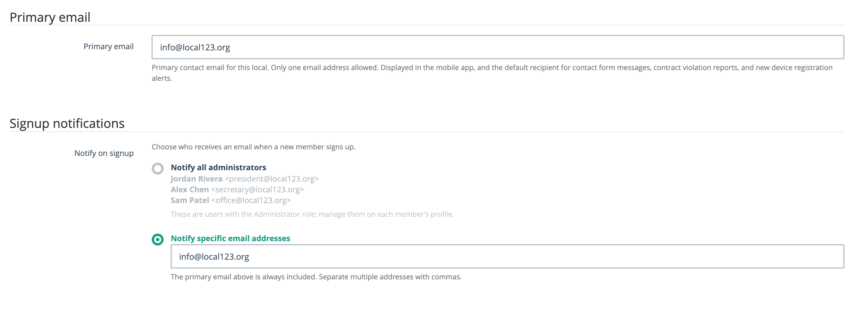 Primary email field and the two Signup notifications options