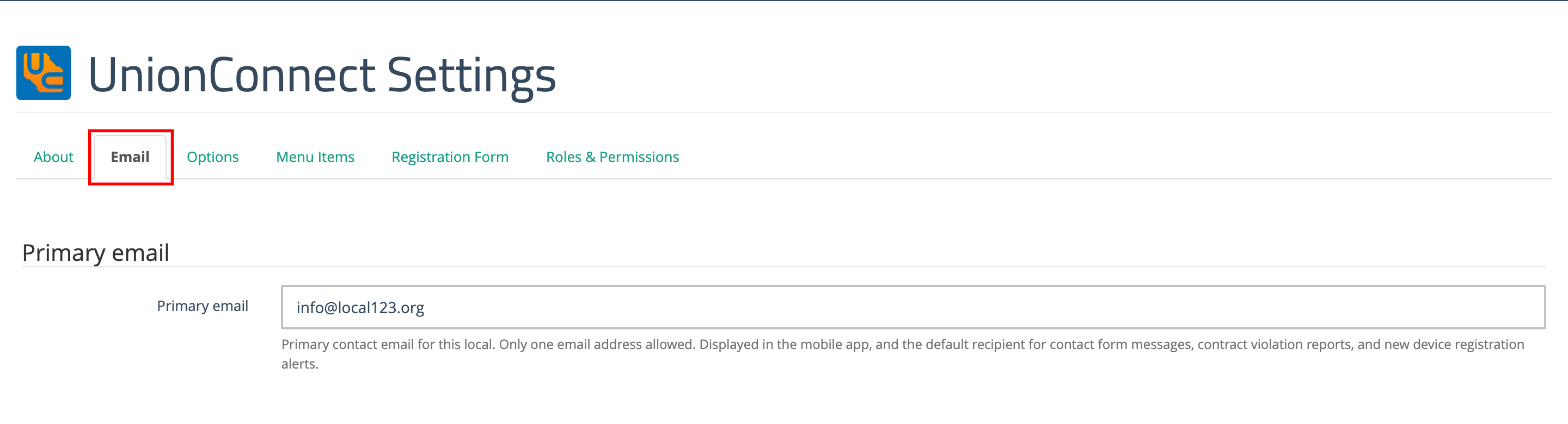Edit Local page with the Email tab highlighted