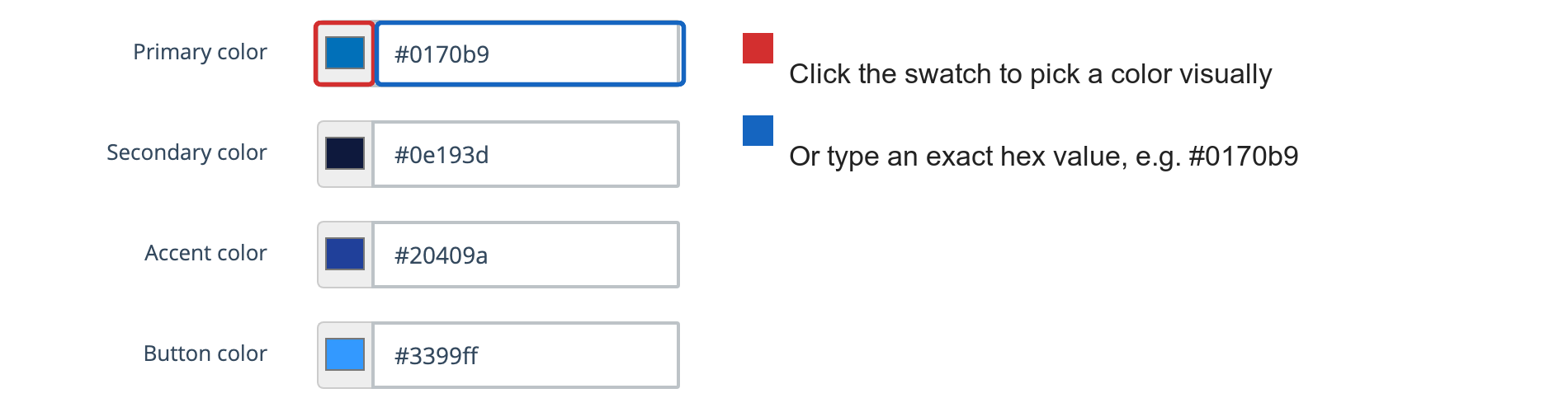Close-up of the Primary color row with the swatch outlined in red and the hex box outlined in blue
