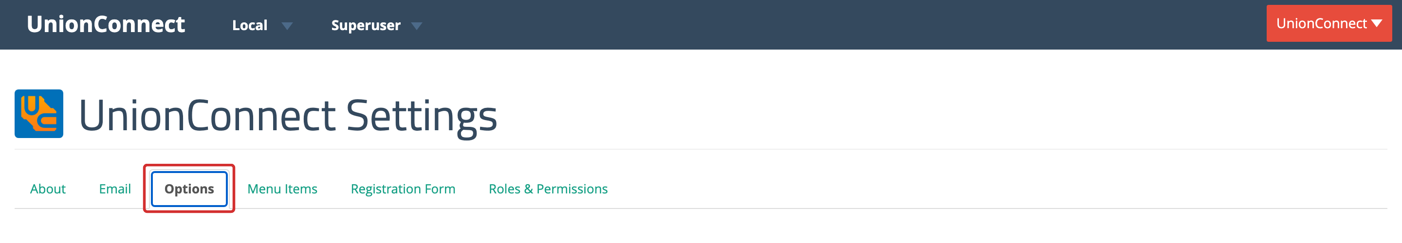 The Edit Local settings page with the Options tab highlighted