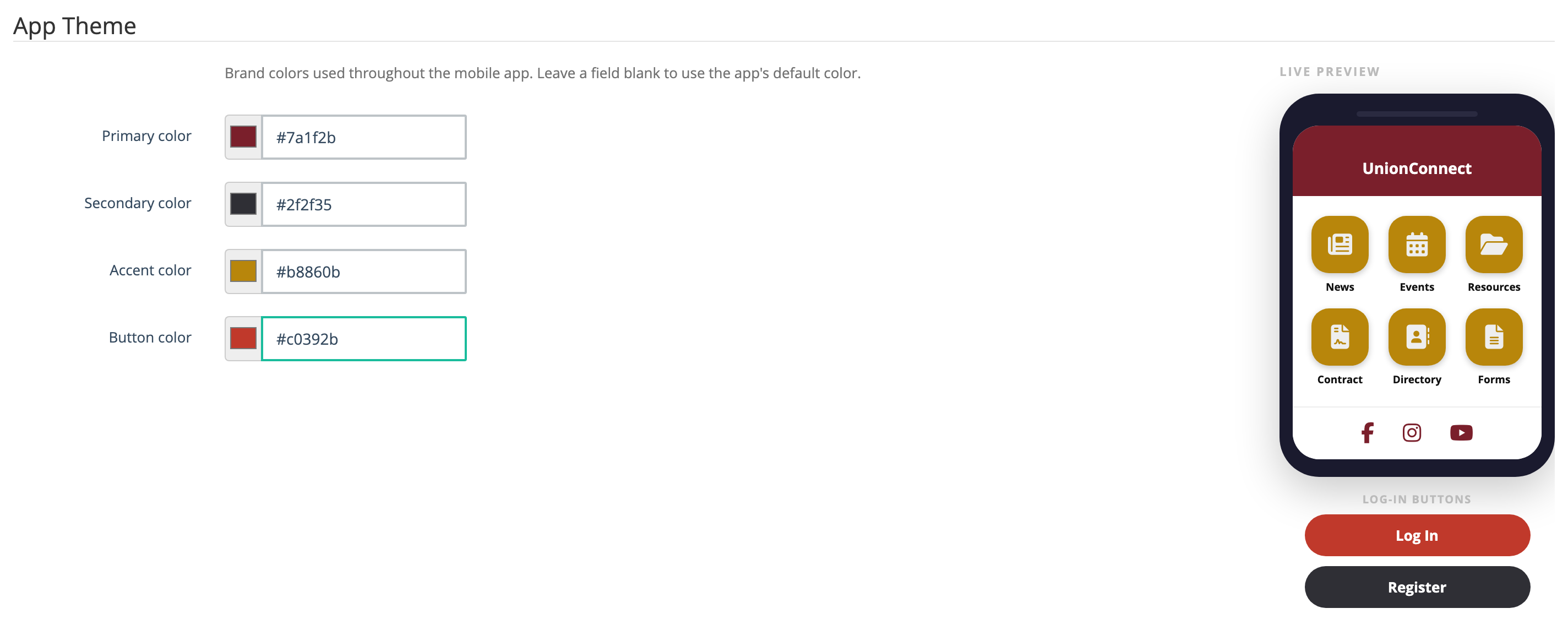 App Theme section with custom maroon, charcoal, gold, and red colors entered, and the phone preview recolored to match