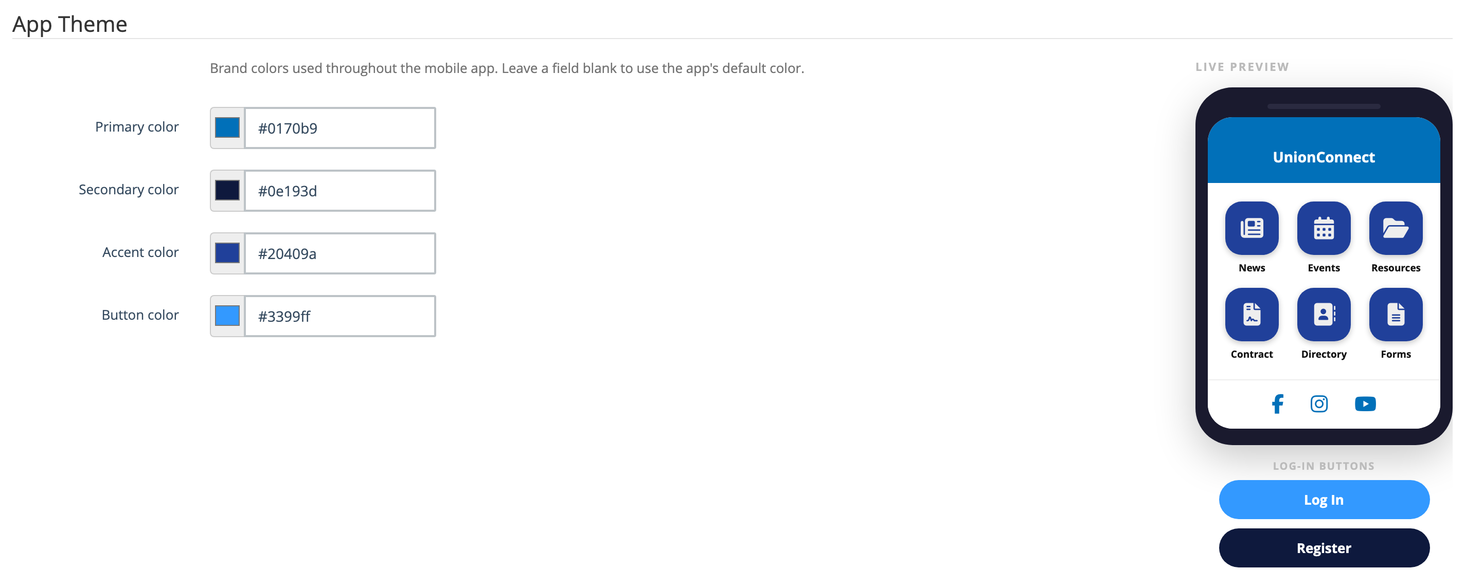 App Theme section showing Primary, Secondary, Accent, and Button color fields next to a live phone preview
