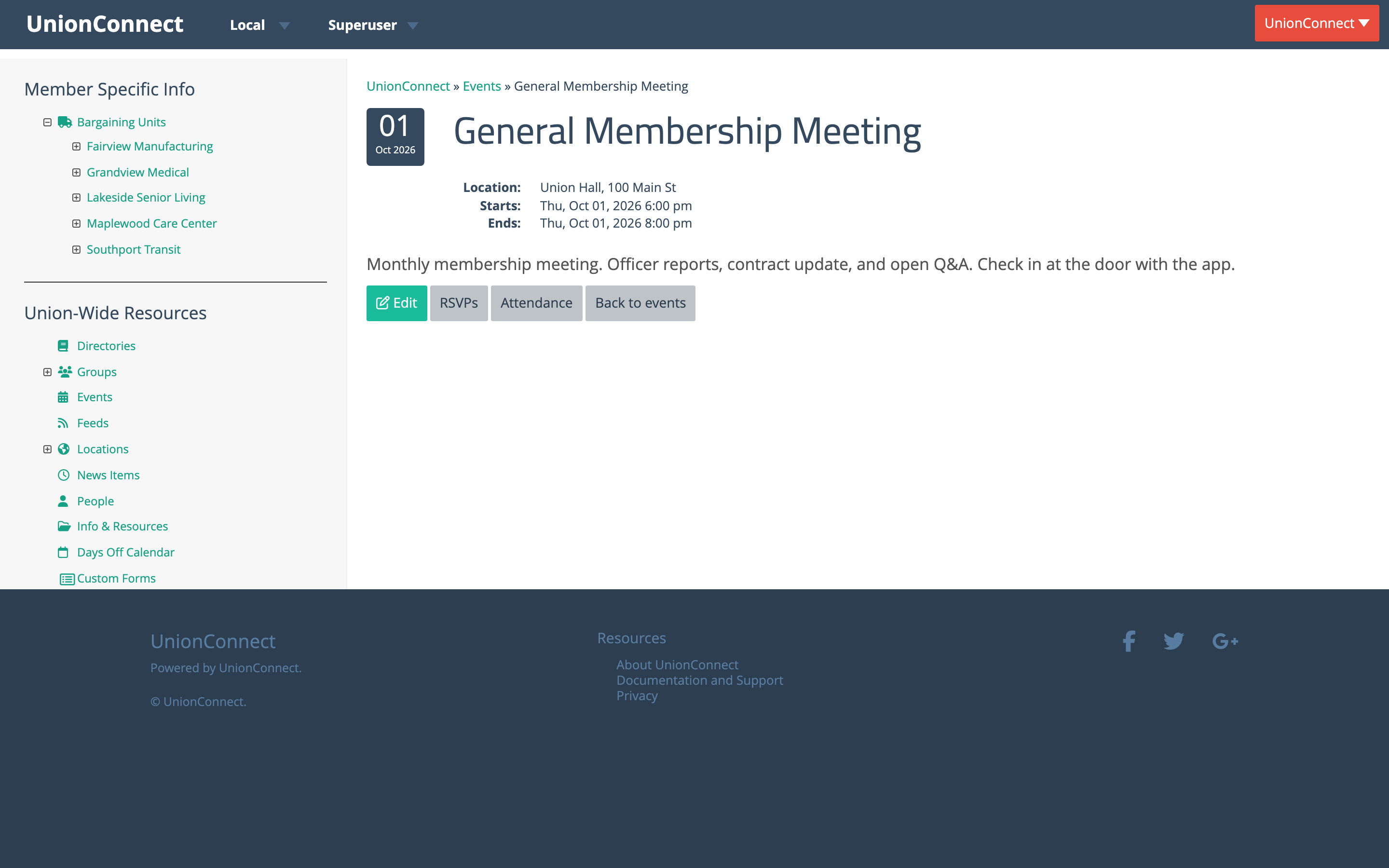 An event page with the Attendance button highlighted, beside the Edit and RSVPs buttons