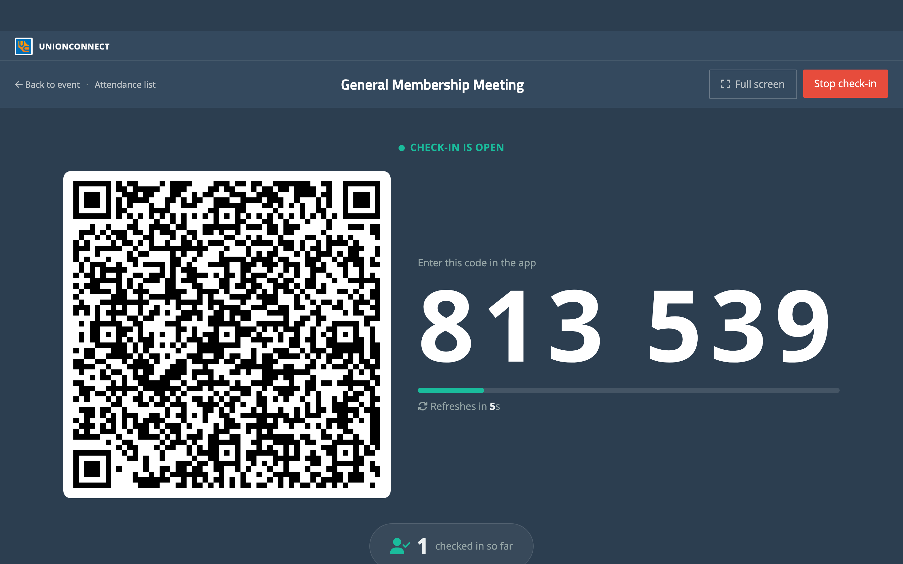 The check-in display with check-in open: a large QR code, the six-digit code 945 285, a countdown bar reading Refreshes in 15s, and a badge reading 5 checked in so far