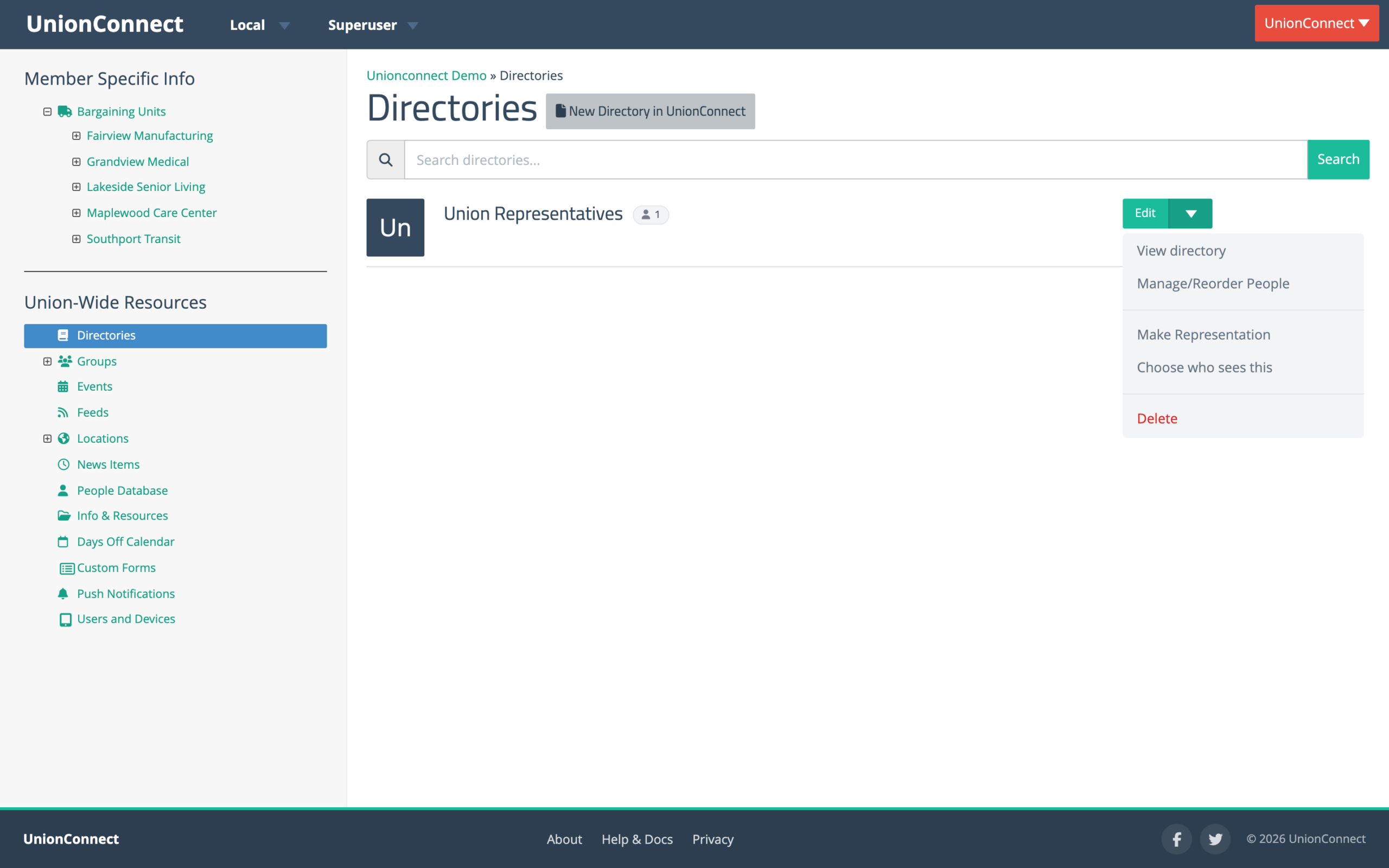 The directory row dropdown showing View directory, Manage/Reorder People, Make Representation, Choose who sees this, and Delete