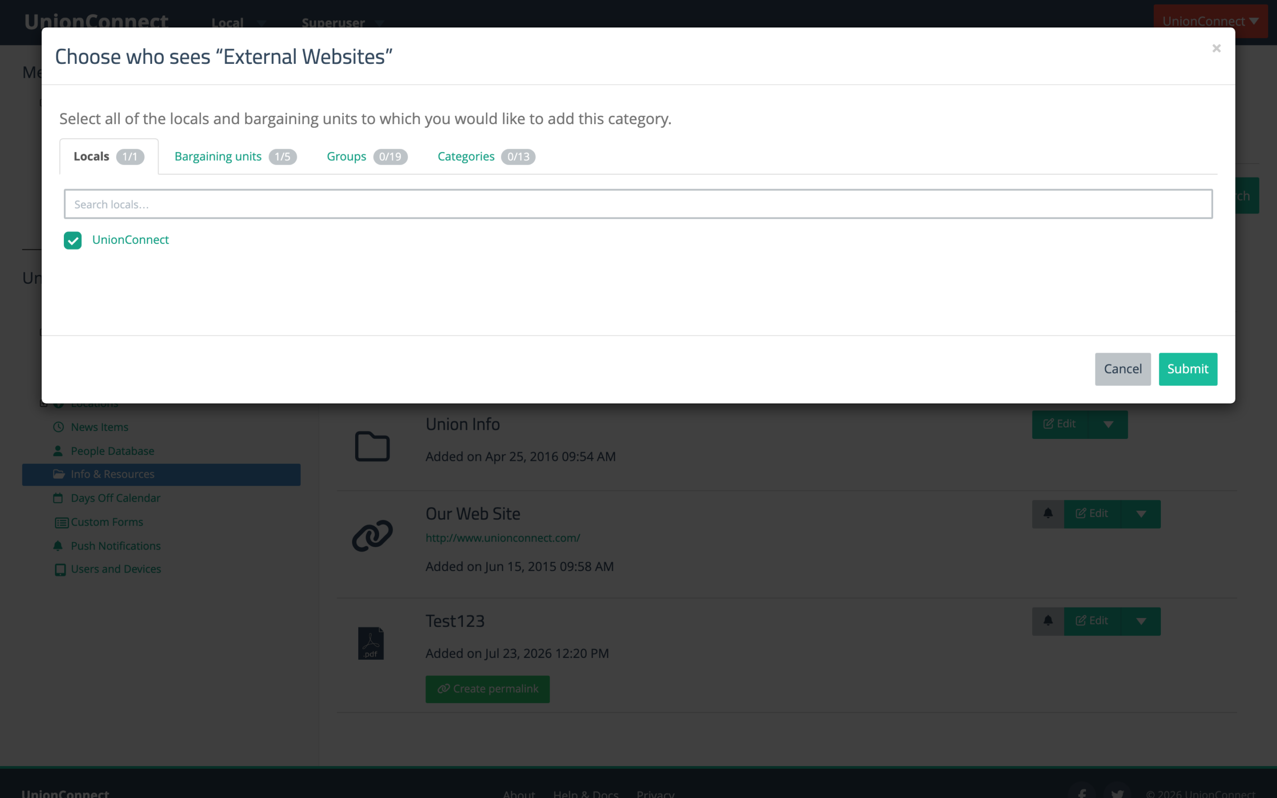 Choose who sees window with Locals, Bargaining units, Groups, and Categories tabs, each showing a selected-of-total count badge, plus a search box