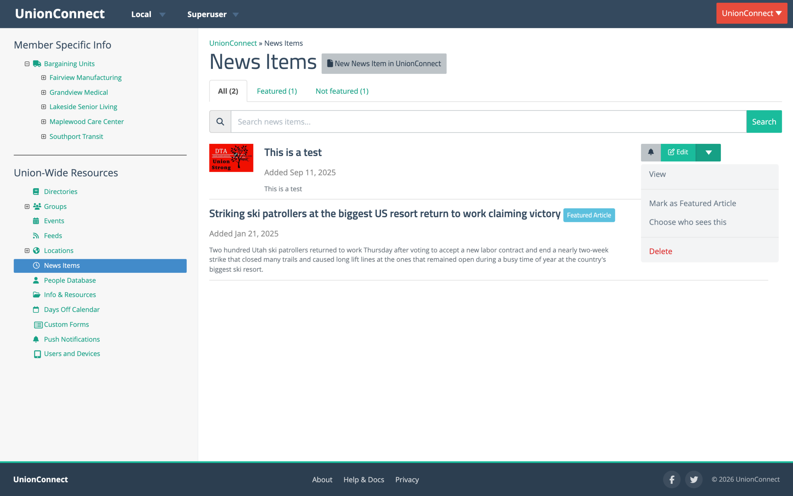 Story row dropdown showing View, Mark as Featured Article, Choose who sees this, and Delete