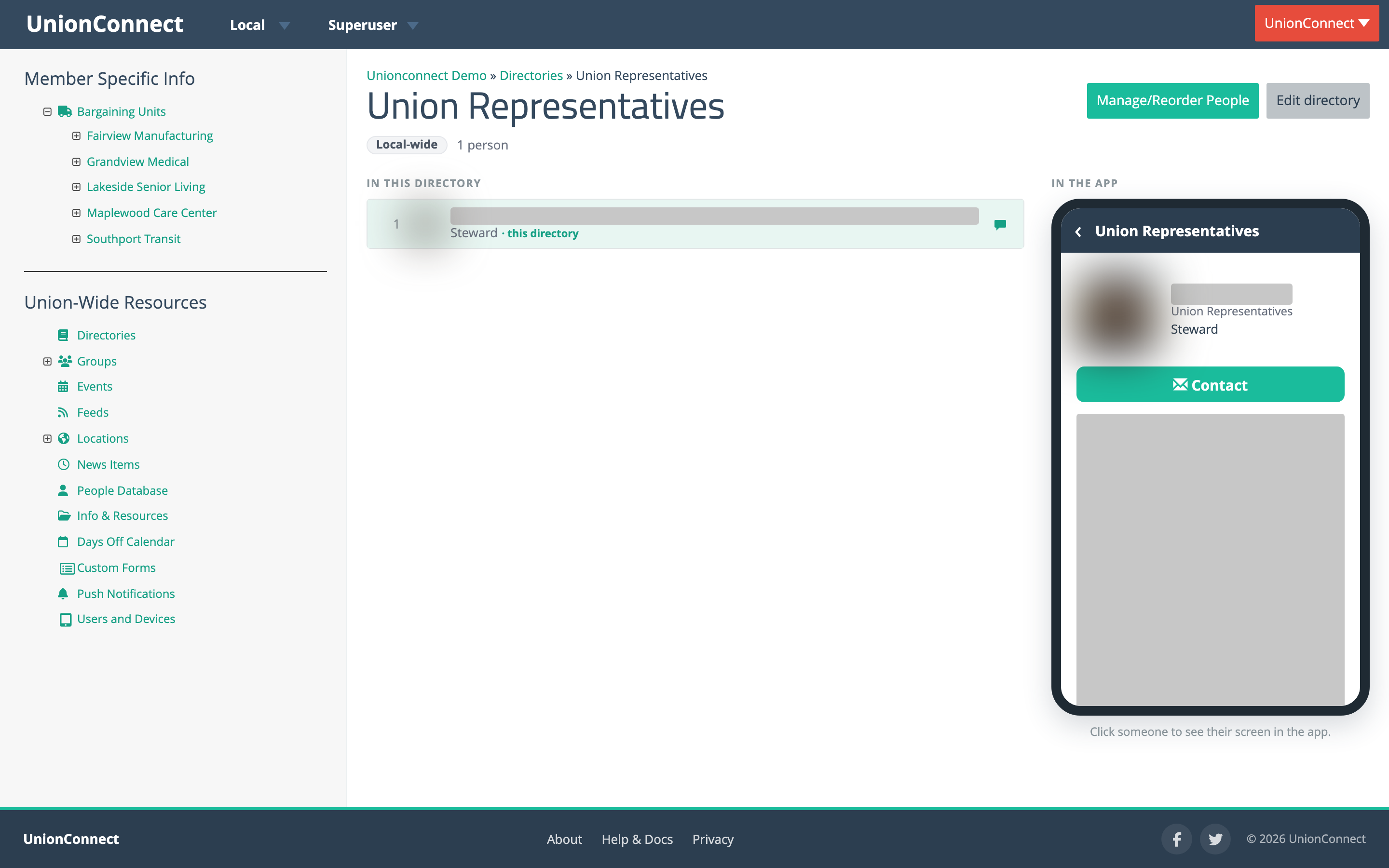 The directory view page with the numbered roster on the left and a phone preview of the person screen on the right