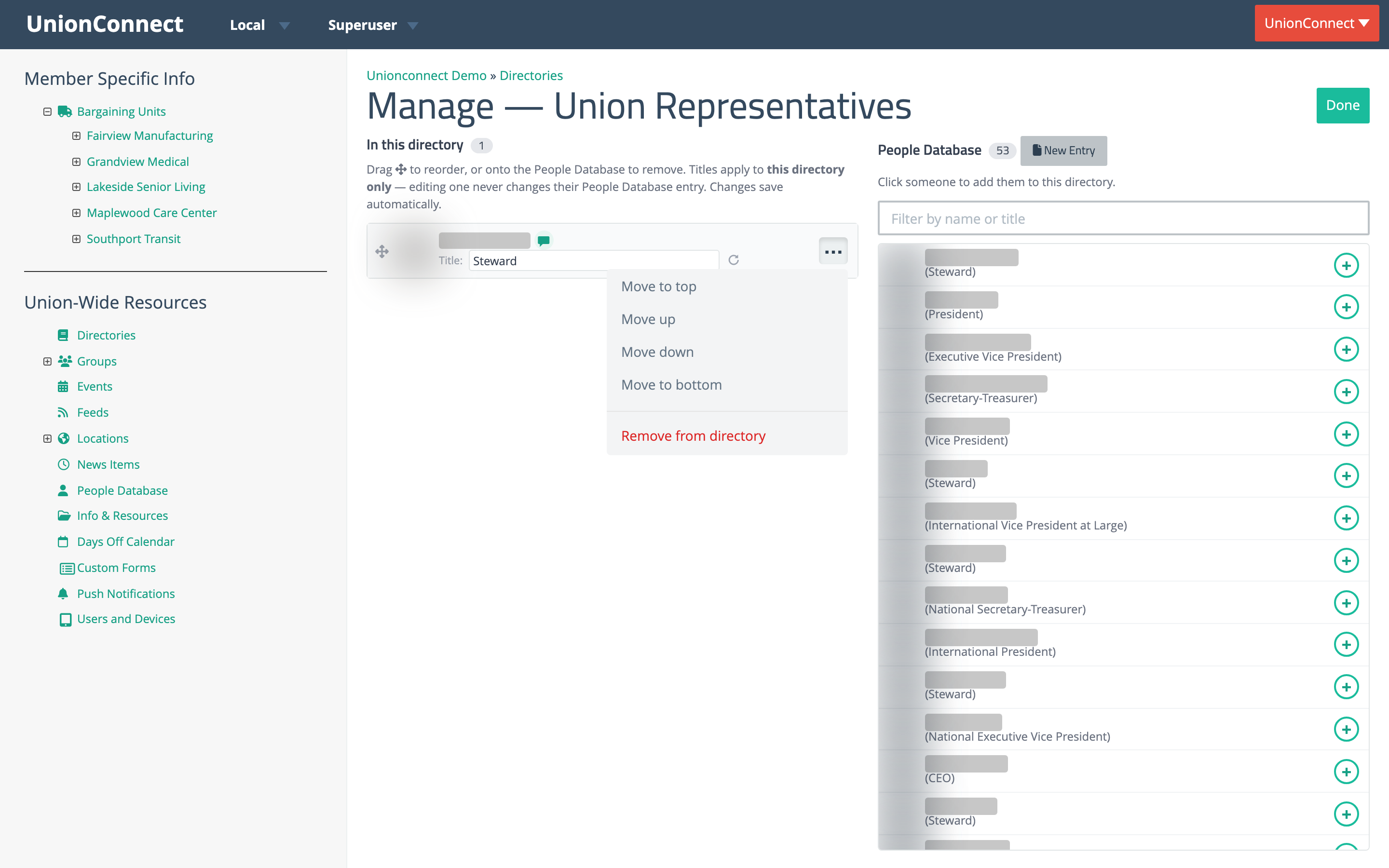 The Manage/Reorder People page with a member row menu open on the left and the People Database list on the right