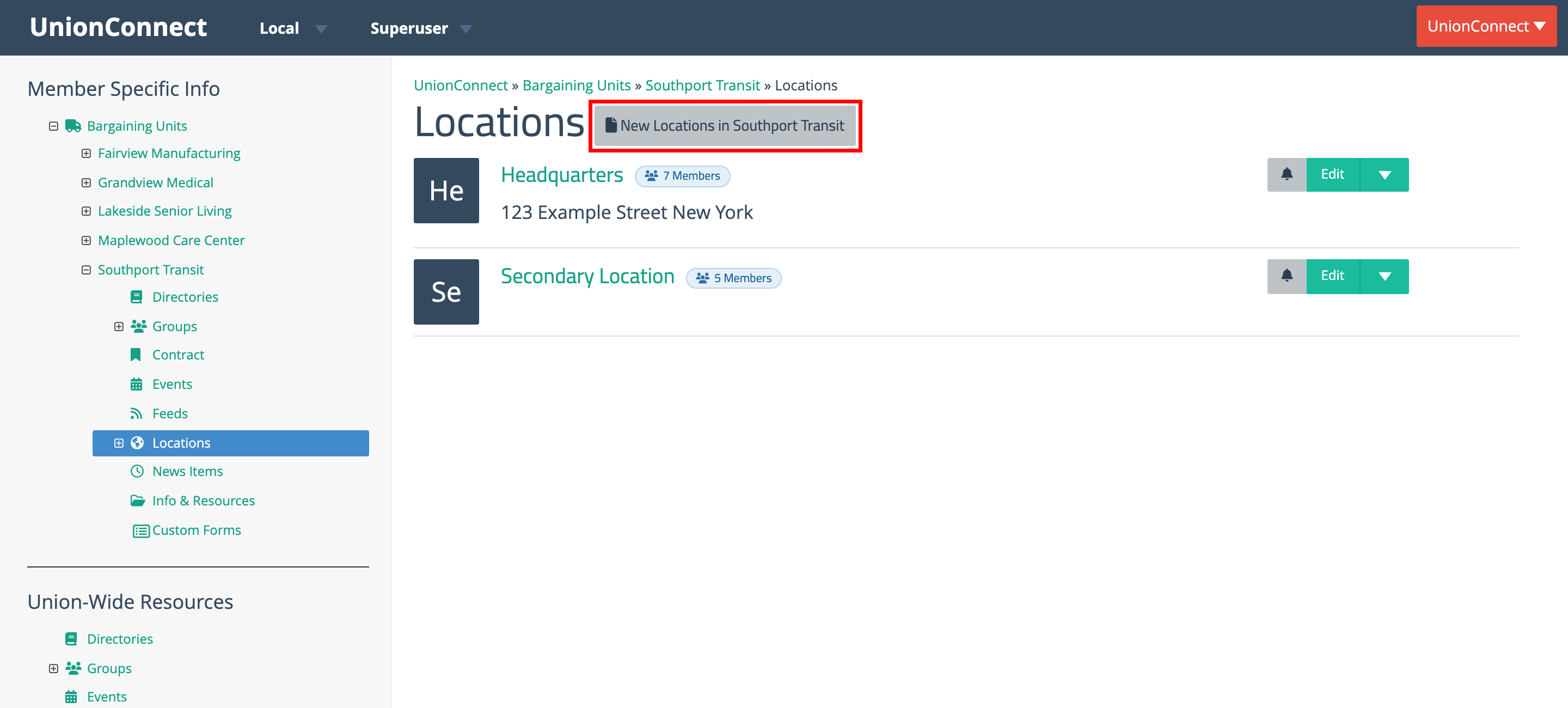 A bargaining unit's Locations page with the New Locations in button highlighted