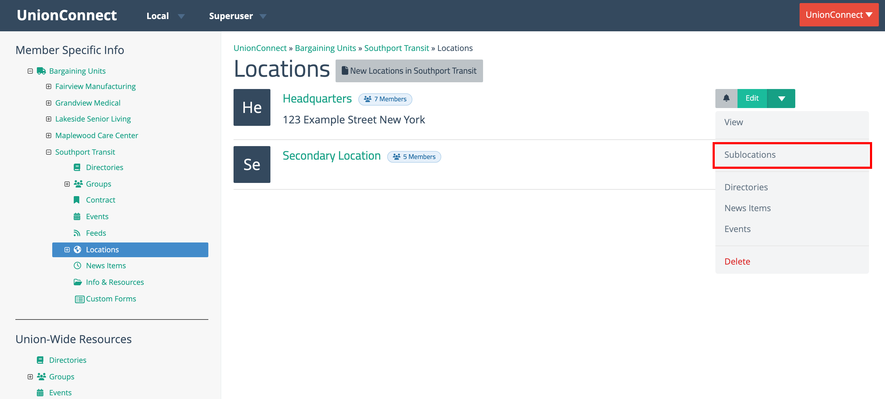 A location's row menu open with Sublocations highlighted