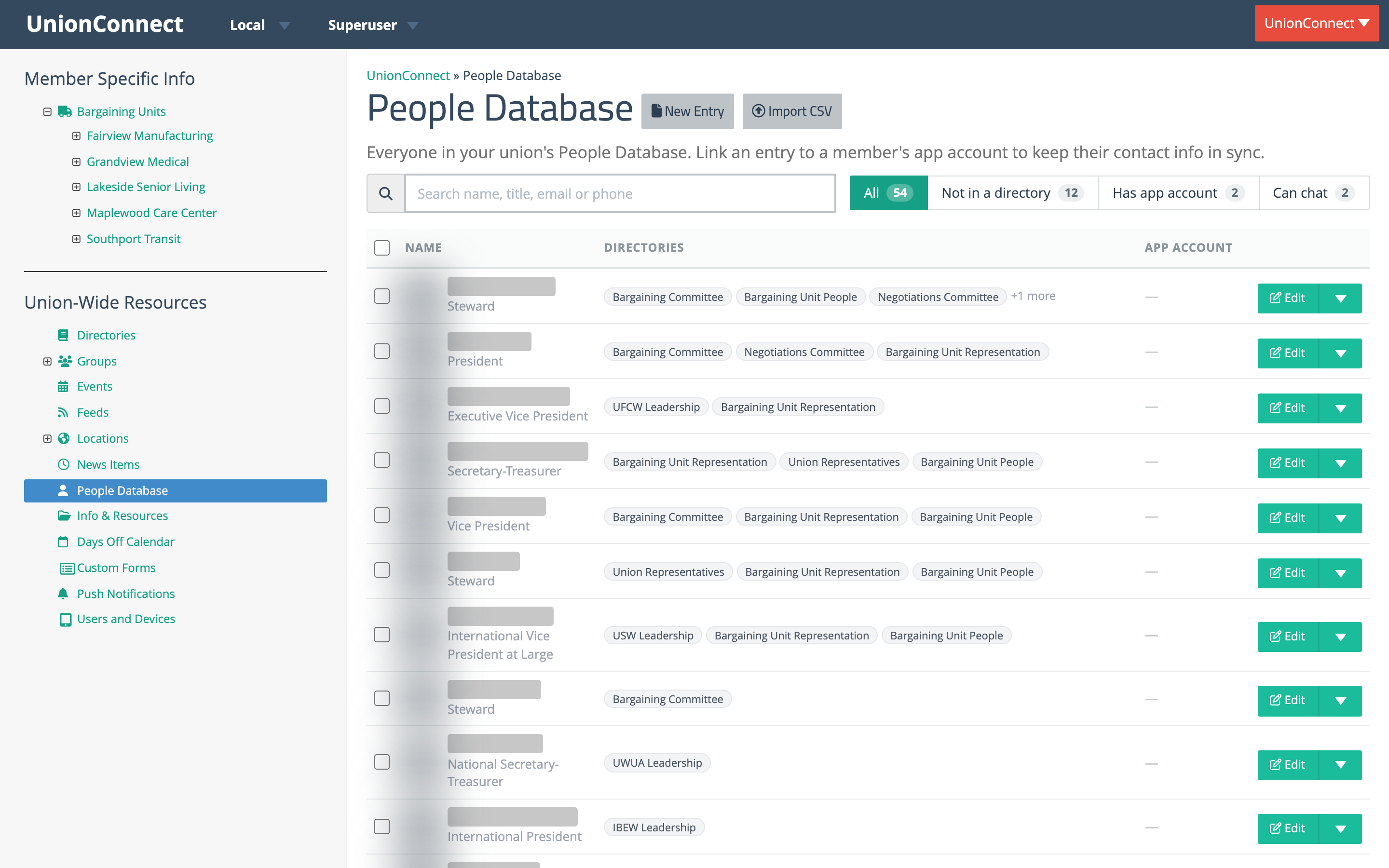 The People Database list with search box, filter buttons, and Name, Directories and App account columns