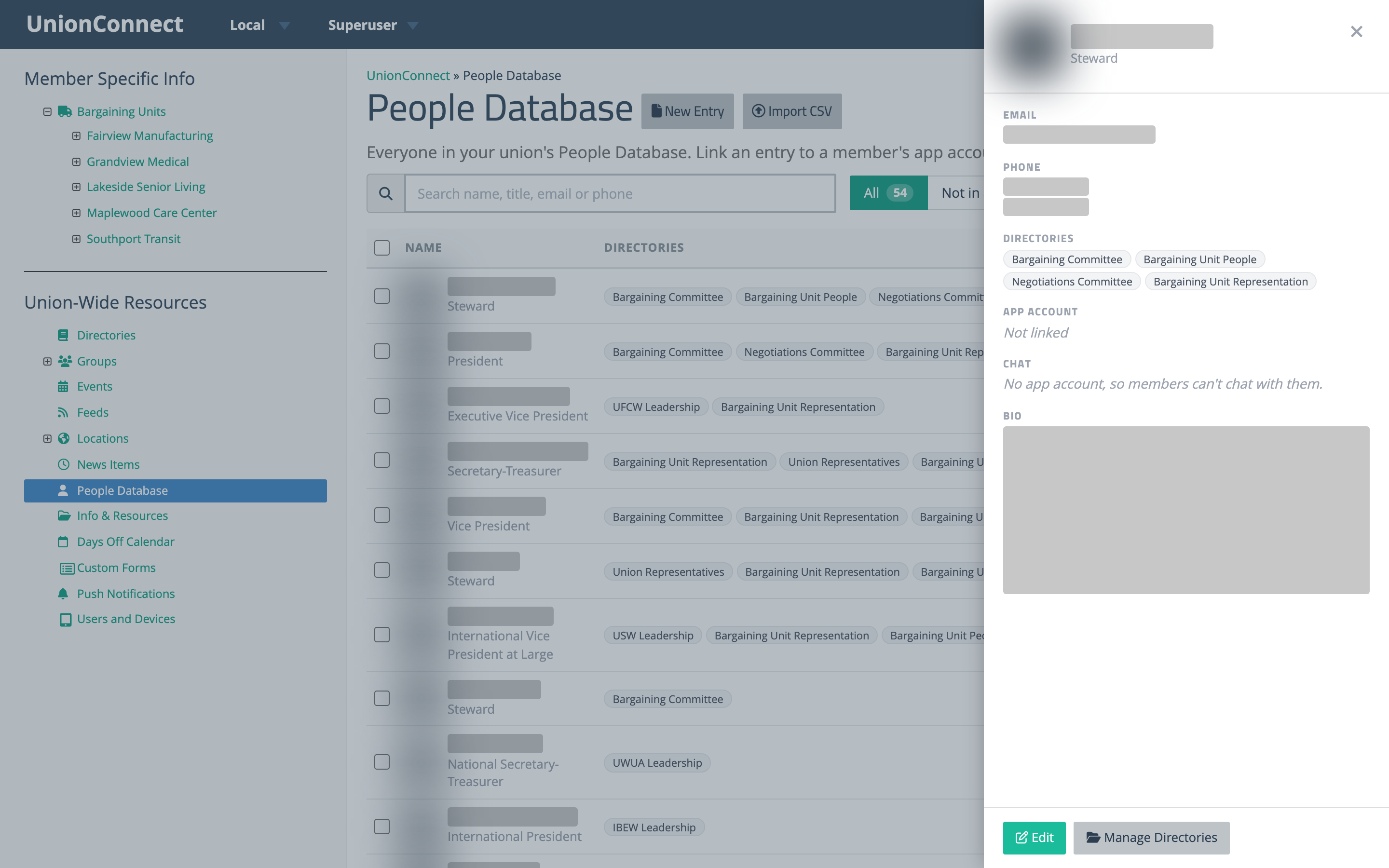 The details panel for a People Database entry showing email, phone, directories, app account, chat and bio