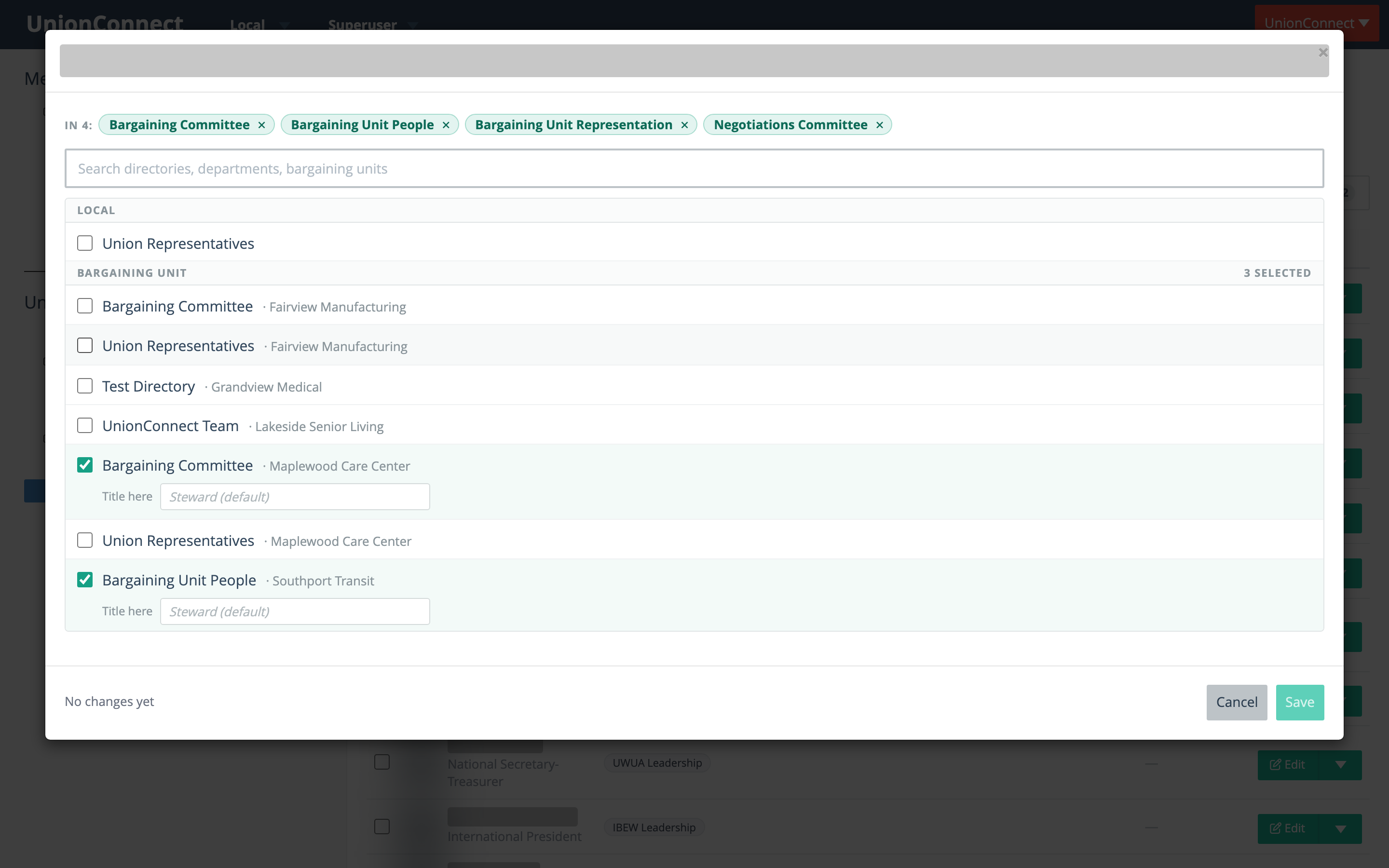 The Manage directories window with chips for current directories, a search box, and a grouped list of directories with checkboxes