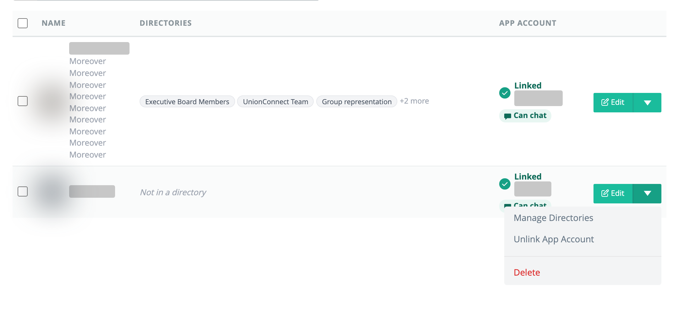 The dropdown menu next to a person's Edit button, with Manage Directories, Unlink App Account, and Delete