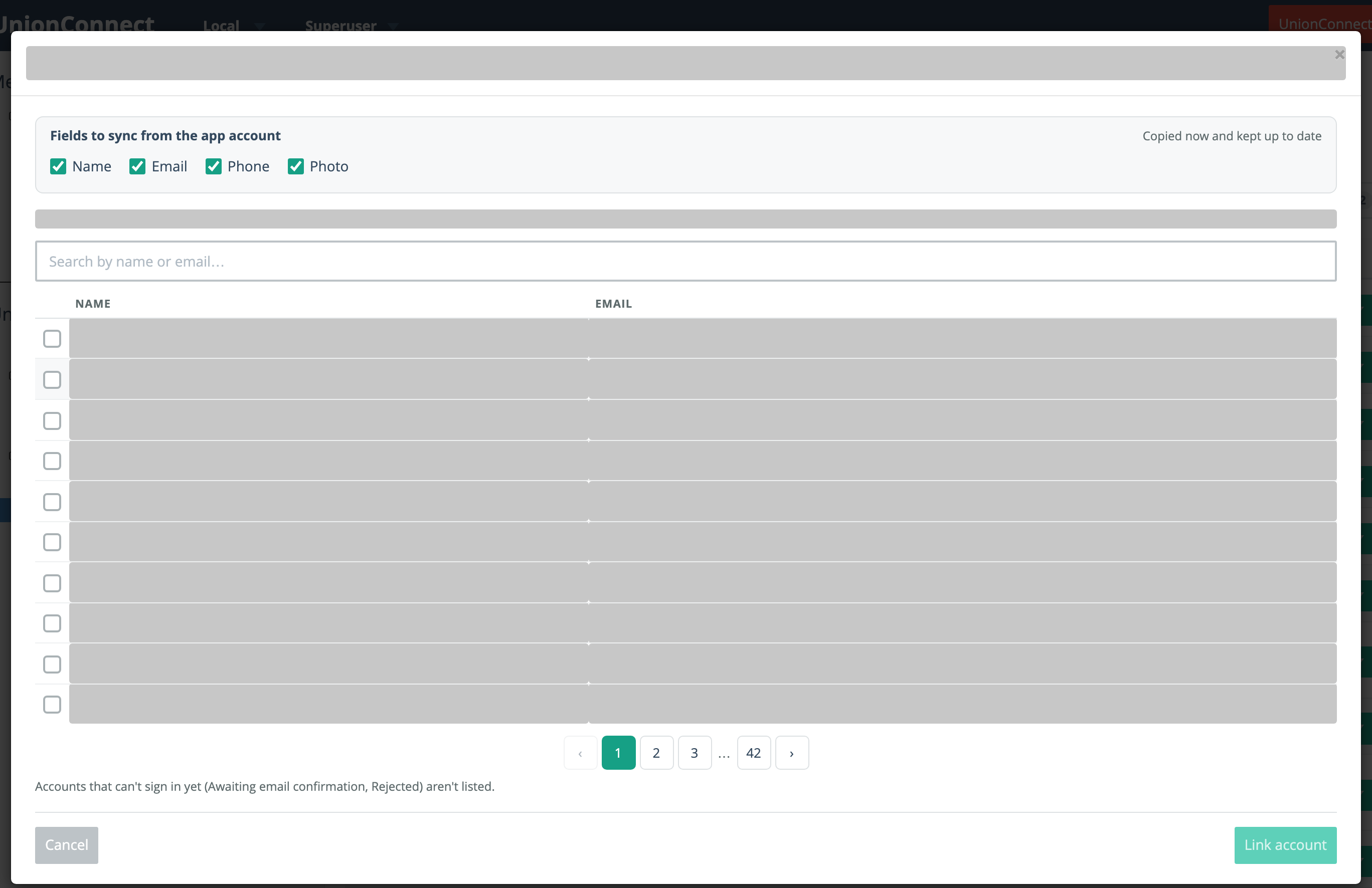 The Link to App Account screen, with Name, Email, Phone and Photo ticked under Fields to sync from the app account, a search box, and a list of accounts to tick