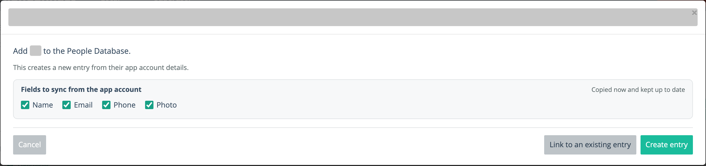 The Add to People Database screen when no entry matches, with the Fields to sync checkboxes and the Link to an existing entry and Create entry buttons