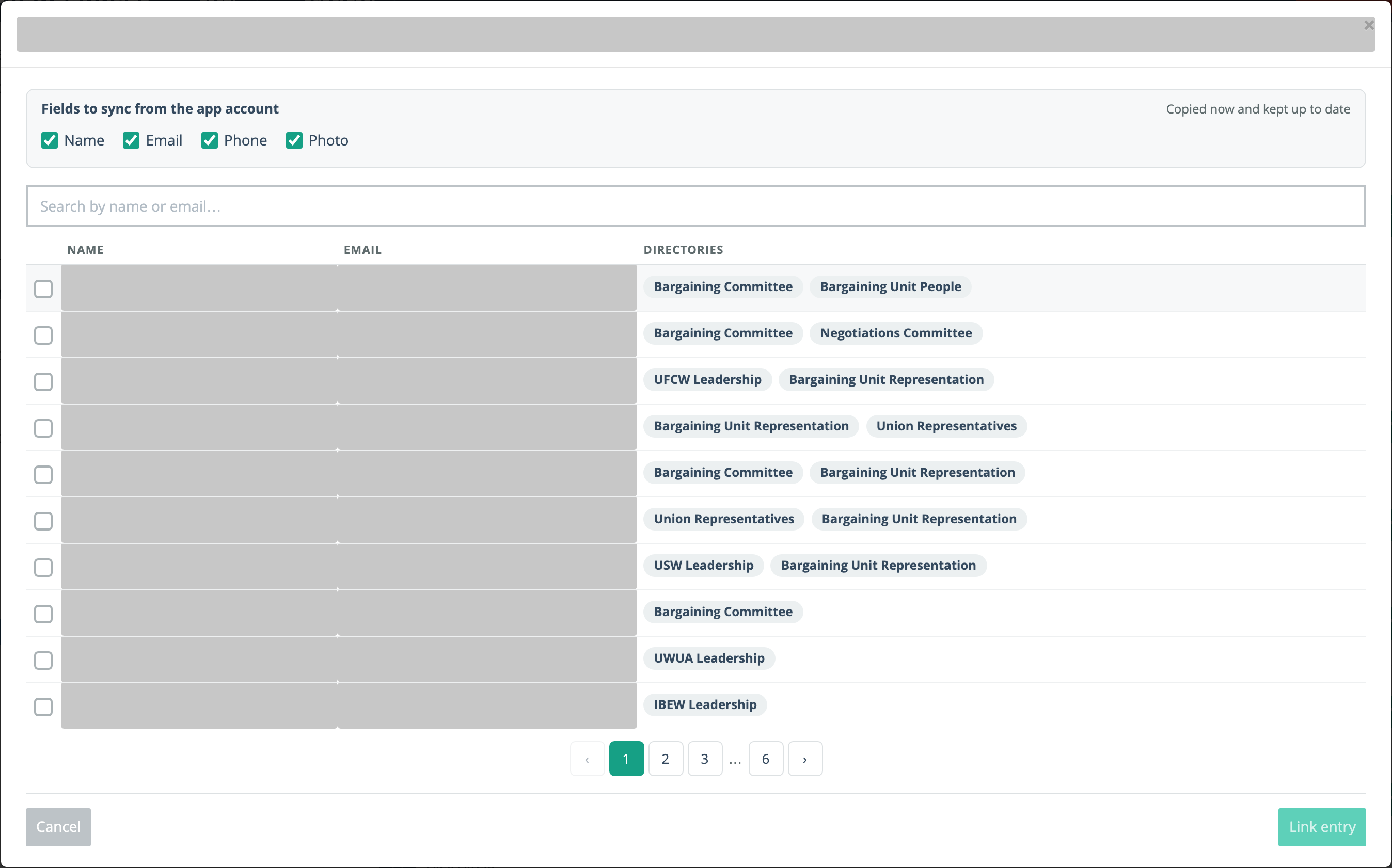 The search list for linking a user to a People Database entry, with the Fields to sync checkboxes, a search box, and rows showing each entry's directories