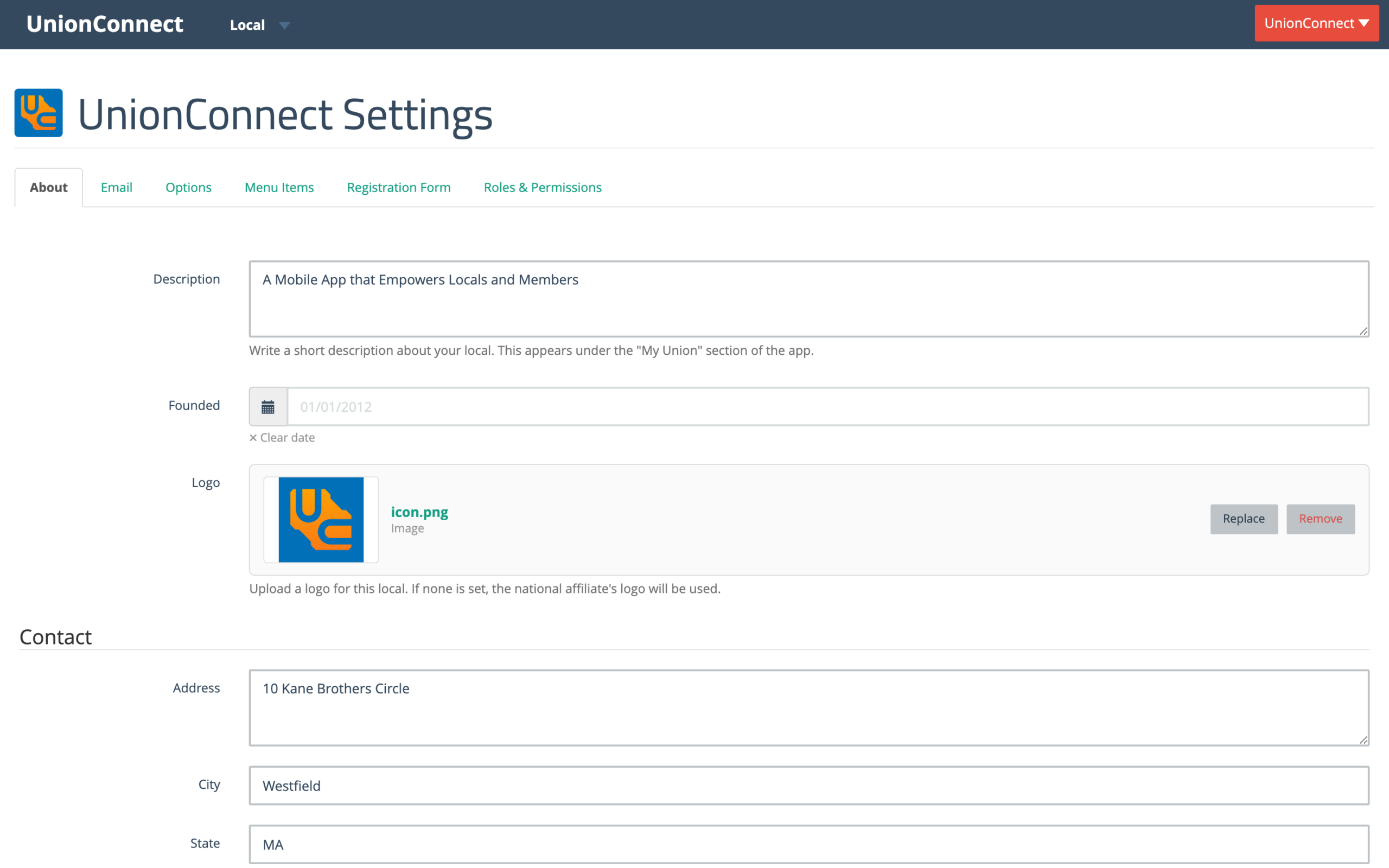 Edit Local page showing the About, Email, Options, Menu Items, Registration Form, and Roles & Permissions tabs