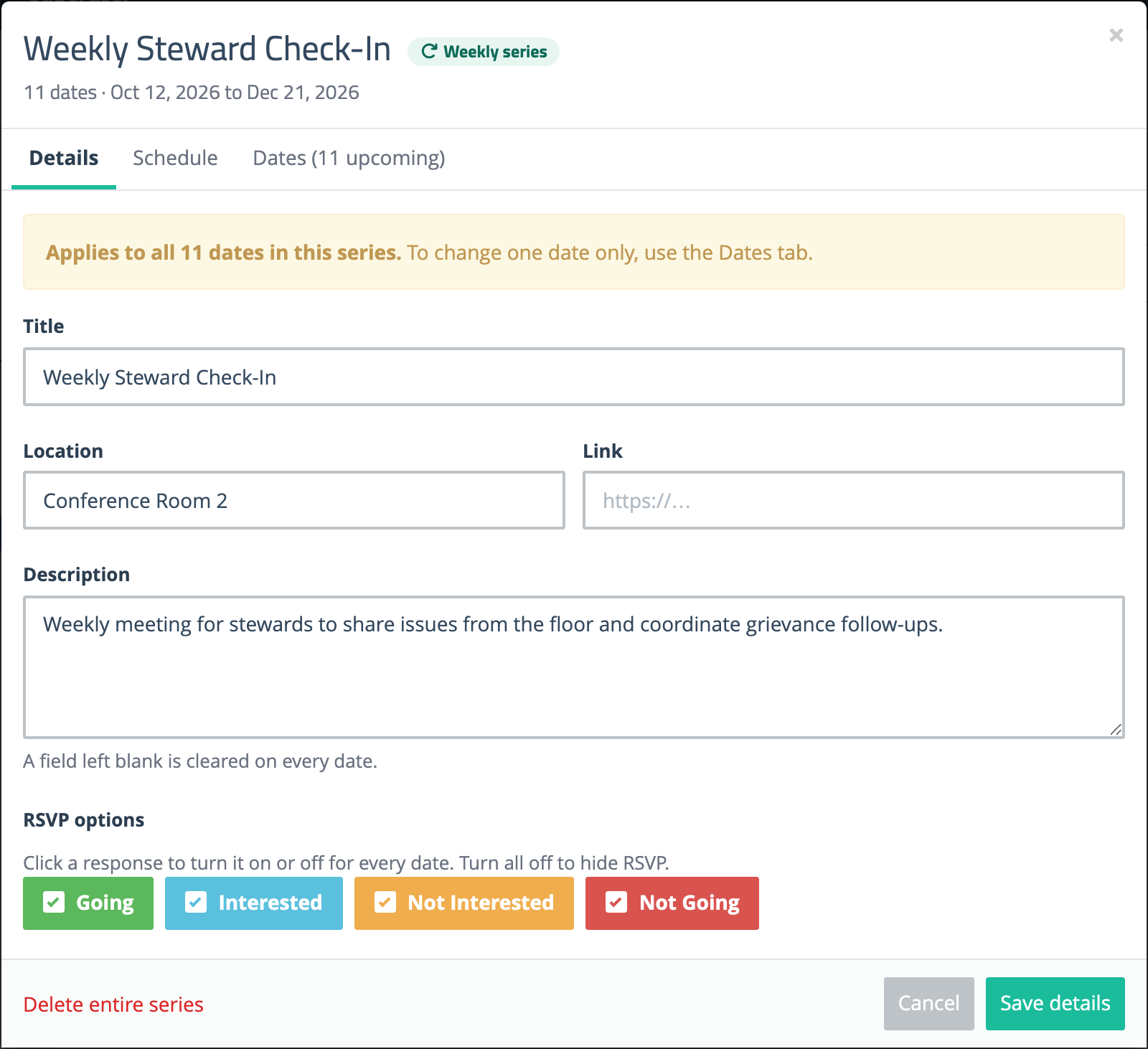 Series editor Details tab with a yellow banner reading Applies to all 11 dates in this series, Title, Location, Link and Description fields, RSVP option chips, and Delete entire series, Cancel and Save details buttons