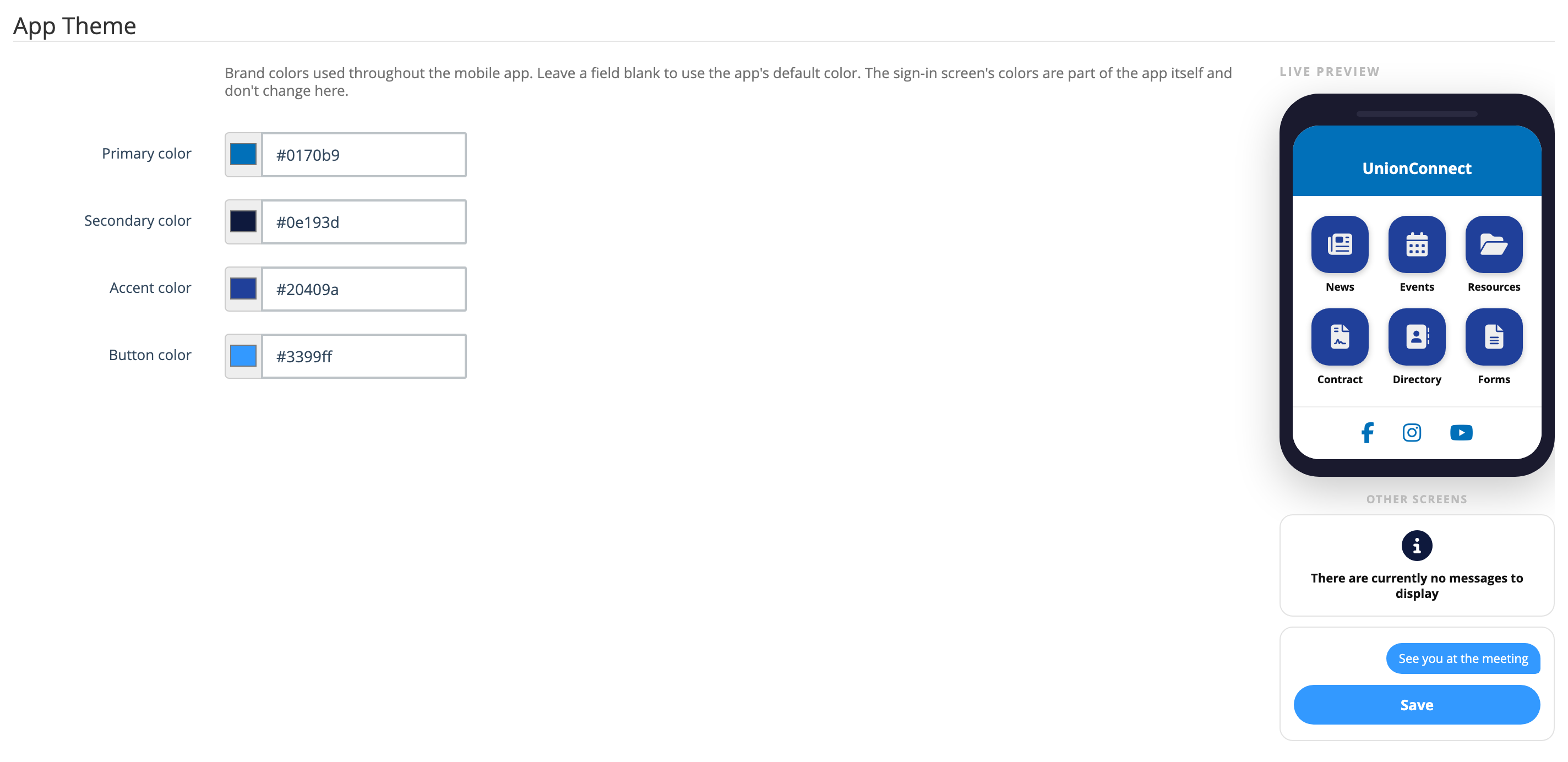 App Theme section showing Primary, Secondary, Accent, and Button color fields next to a live phone preview