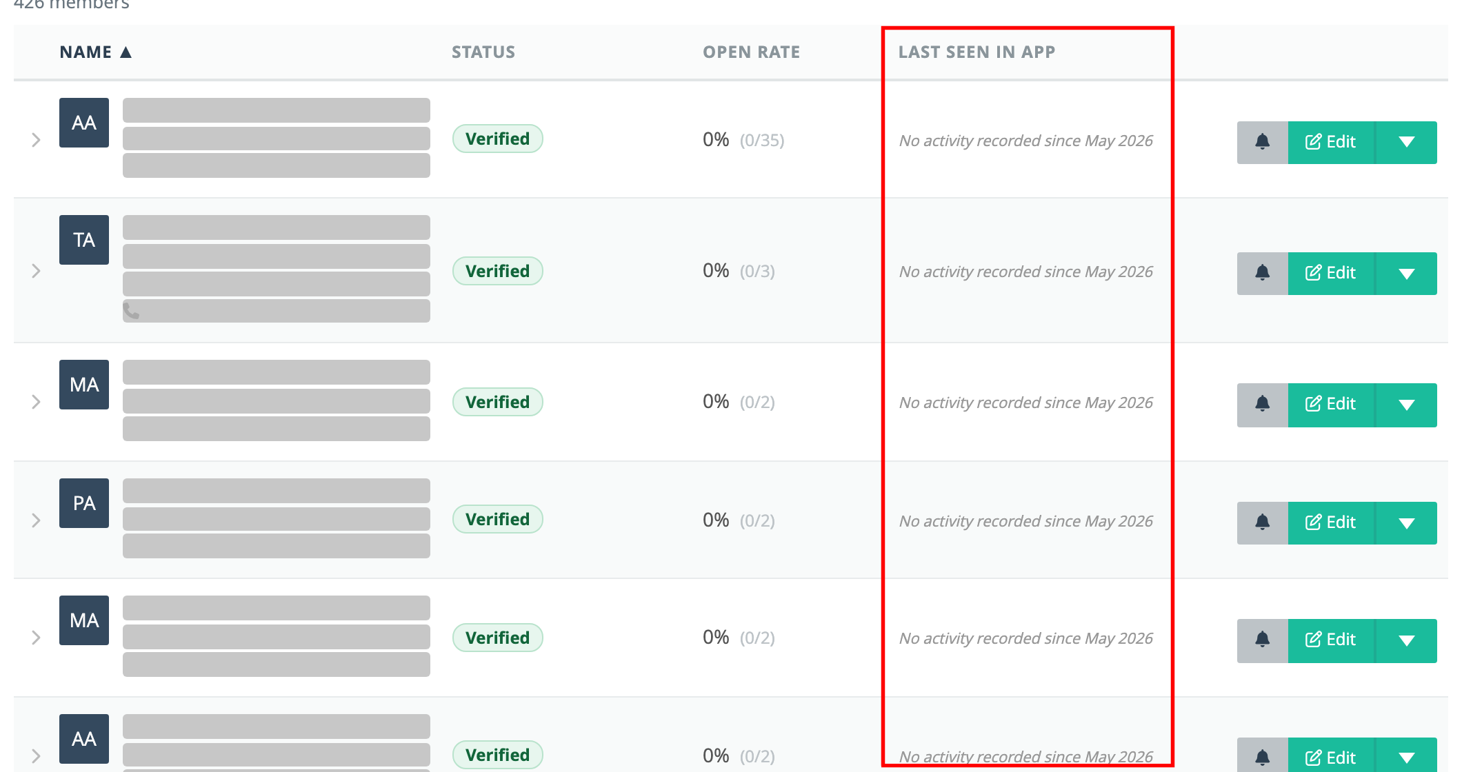 The Last seen in app column on the Users and Devices list