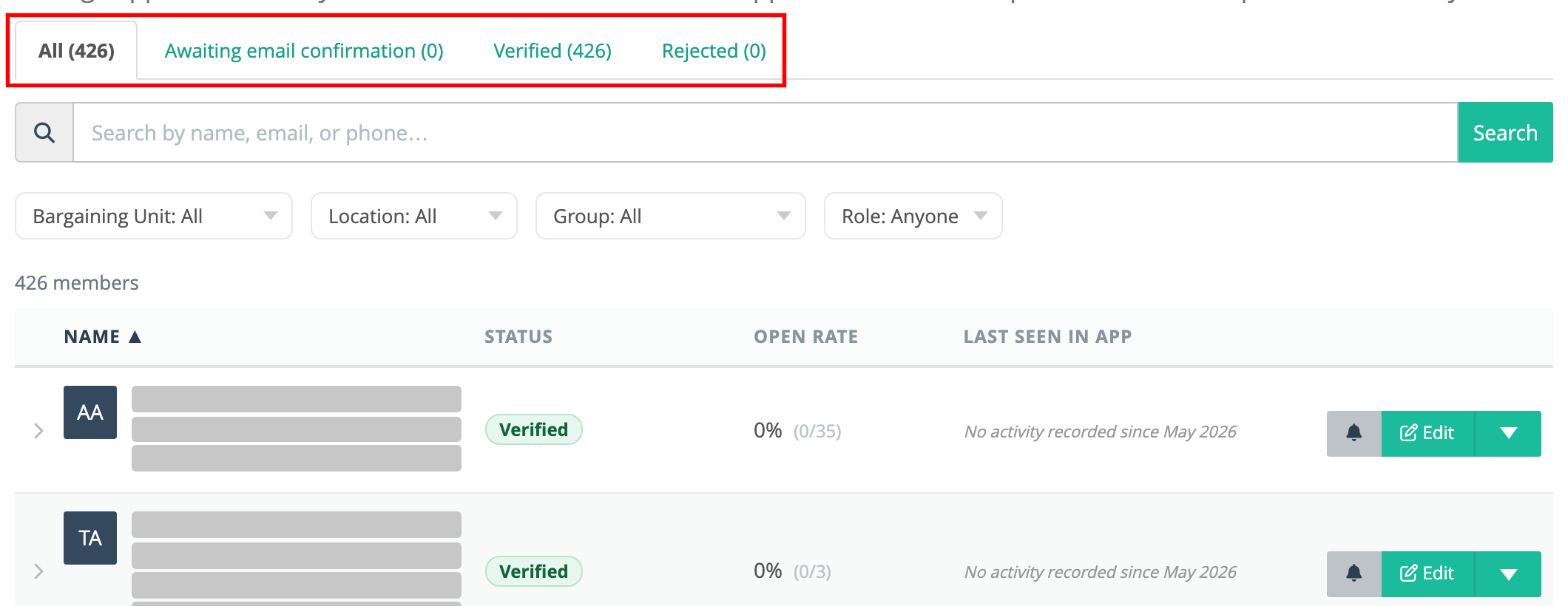 Users and Devices page with the All, Awaiting email confirmation, Verified and Rejected tabs highlighted