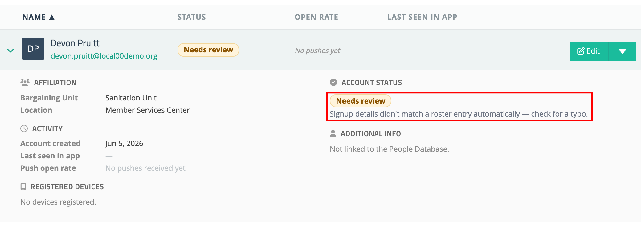 An expanded member row whose Account Status shows a Needs review pill and the explanation that their signup details didn't match a roster entry automatically
