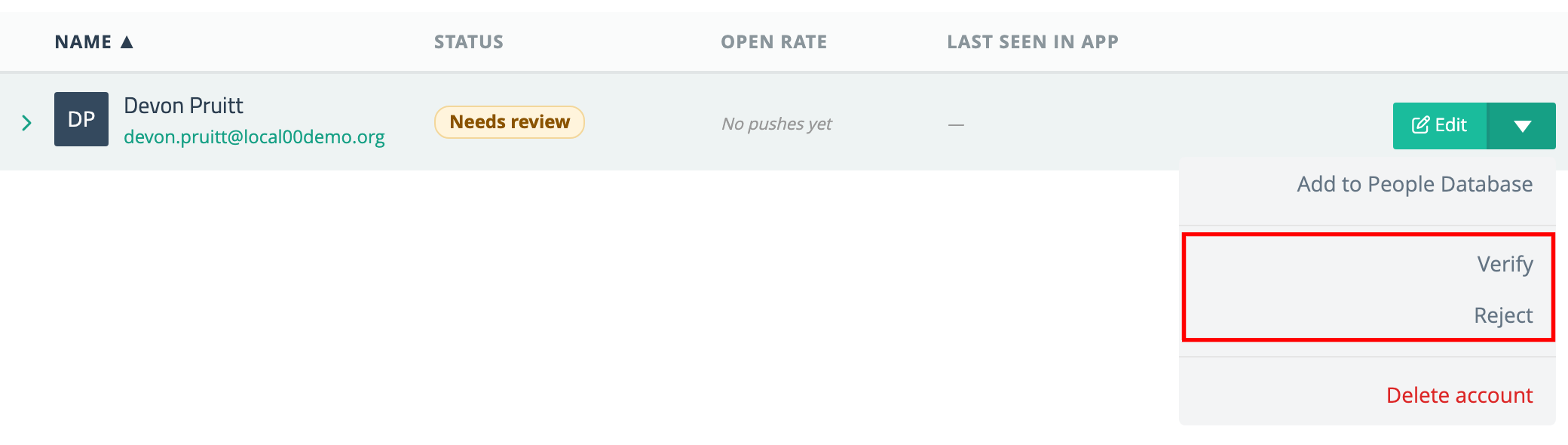 The row's action menu for a member who needs review, with Verify and Reject highlighted